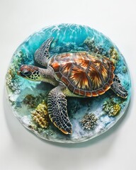 Poster - Turtle figurine on coral reef in blue resin.