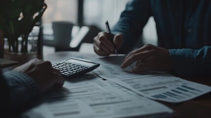 Fototapete - Two people working on finances with a calculator and papers on a table.