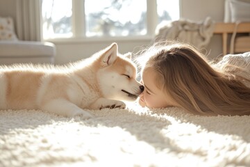 Wall Mural - Girl and puppy lie on floor, face to face, sunlight.