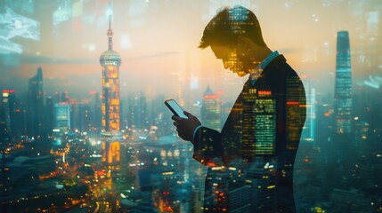 Aufkleber - Man using mobile, city skyline background.