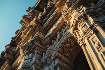 Poster - Ornate stone archway detail with carving under blue sky.