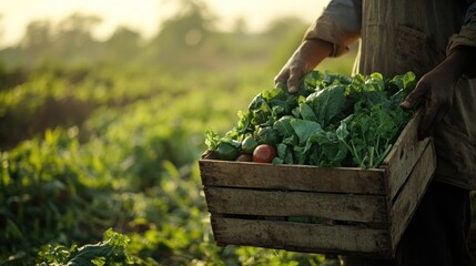 Poster - Farmer holding wooden crate with fresh produce in field.