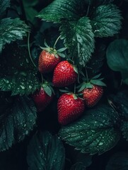 Poster - Ripe strawberries hang from foliage.