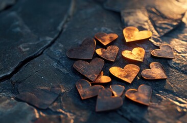 Fototapete - Metallic hearts scattered on rough rock surface.