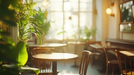 Poster - Warm cafe interior with plants and sunlight.