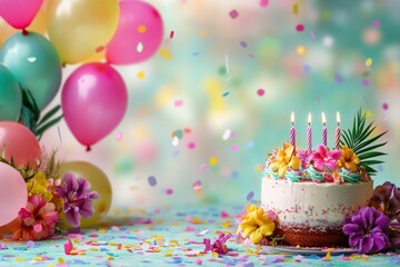 Poster - Birthday cake with balloons and confetti. (1)