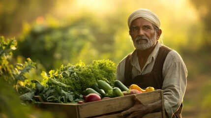 Poster - Farmer with produce in field at sunset.