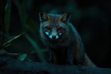 Poster - Fox sits on log, looks at camera in dark setting.