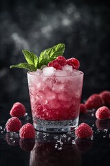 Poster - Raspberry drink with mint and ice on black.