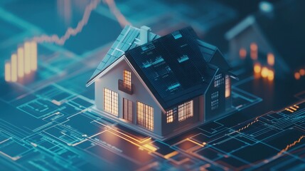 Poster - Model house with digital data overlay representing real estate market