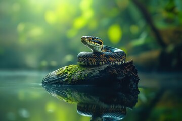 Aufkleber - Snake coils on log, reflecting in water, bokeh greenery.
