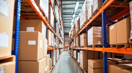 Poster - Warehouse aisle with stacked boxes on shelves.