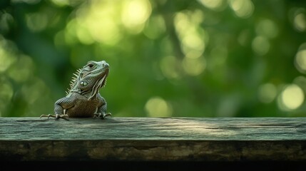 Aufkleber - Iguana on wooden plank, bokeh forest background.