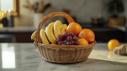 Poster - Fruit basket with bananas, oranges, grapes on countertop.
