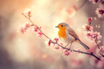 Aufkleber - Robin bird perches on blooming cherry tree branch in soft light.