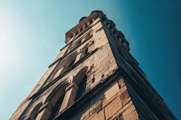 Poster - Low angle of tall stone tower against bright sky.