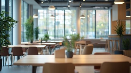Poster - Blurry view of a modern indoor space with tables, chairs, plants, and large windows.