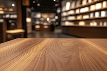 Poster - Wooden table with blurred background of interior space.