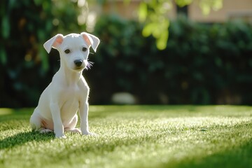 Aufkleber - Cute white puppy sitting outdoors on green lawn.