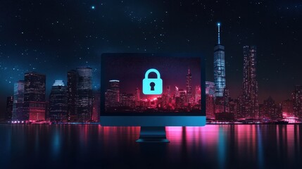 Poster - Digital Security Concept with Computer Screen and City Skyline Background