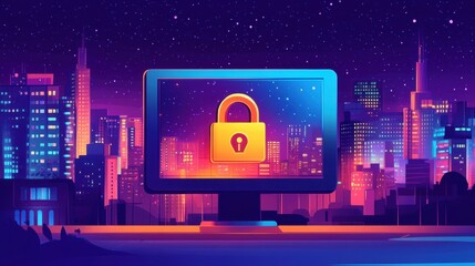 Poster - Secure Digital Environment with Lock Icon and City Skyline Background