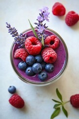 Poster - Blueberry smoothie with raspberries and lavender flowers.