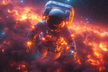 Wall Mural - An astronaut floats through a vibrant cosmic scene filled with fiery clouds and stars.