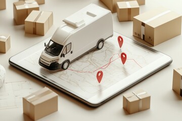 Poster - Delivery van on tablet with map and boxes.