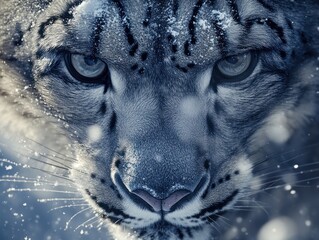Poster - Snow leopard closeup, blue eyes, frosty fur, fierce gaze.
