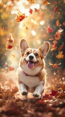 Aufkleber - Corgi running in autumn leaves.