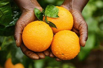 Poster - Dark hands holding ripe oranges with drops.