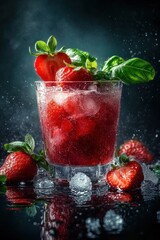 Poster - Strawberry drink with ice cubes and basil garnish, dark background.