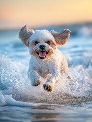 Poster - Small happy dog running through waves.