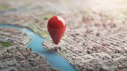 Poster - Red location marker on a detailed city map with waterfront view