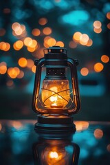 Poster - Lit oil lamp on reflective surface with bokeh.