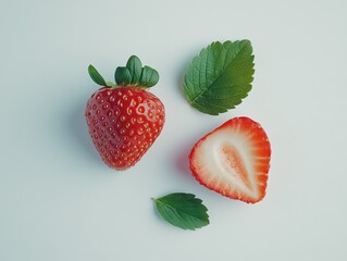 Poster - Fresh strawberries and leaves on white.