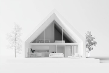 Poster - Minimal white house interior with furniture and trees, 3d render.