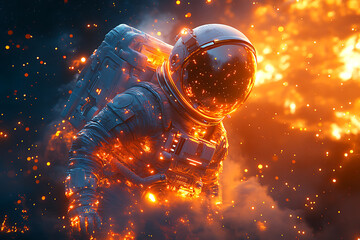 Wall Mural - An astronaut surrounded by fiery explosions in a cosmic setting.