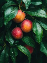 Wall Mural - Plums hanging with water drops on leaves.