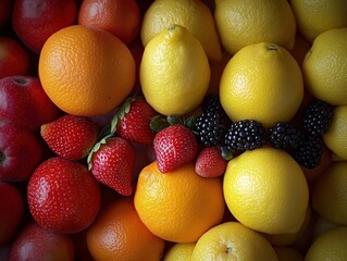 Poster - Assorted colorful fruits, apples, oranges, lemons, strawberries and blackberries.
