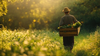 Poster - Farmer walks with vegetables in crate at sunset.