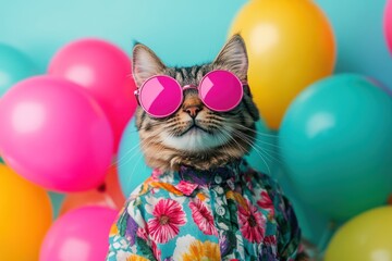 Wall Mural - Dressed cat with sunglasses among colorful balloons.