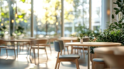Poster - Blurred modern indoor restaurant with natural lighting and plants.