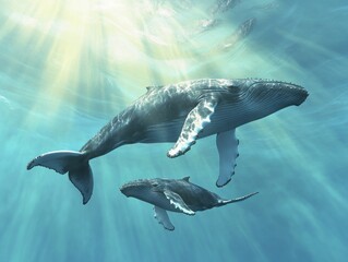Aufkleber - Humpback whale family swimming in the ocean with sunlight rays.
