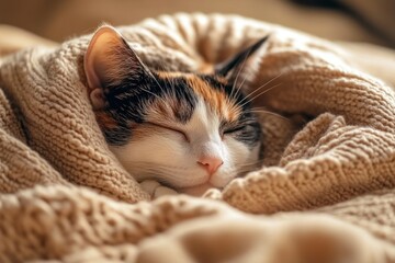 Poster - Cat sleeping, wrapped in a beige blanket.