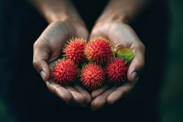 Wall Mural - Hands holding five red rambutan fruits.