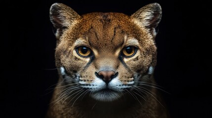 Poster - Close up golden cat portrait on black background.