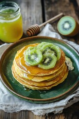 Poster - Stack of pancakes topped with kiwi and honey.