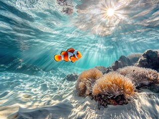 Aufkleber - Clownfish swims under sun rays near coral reef.