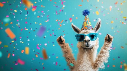 Wall Mural - Llama wearing party hat, glasses celebrates with confetti.